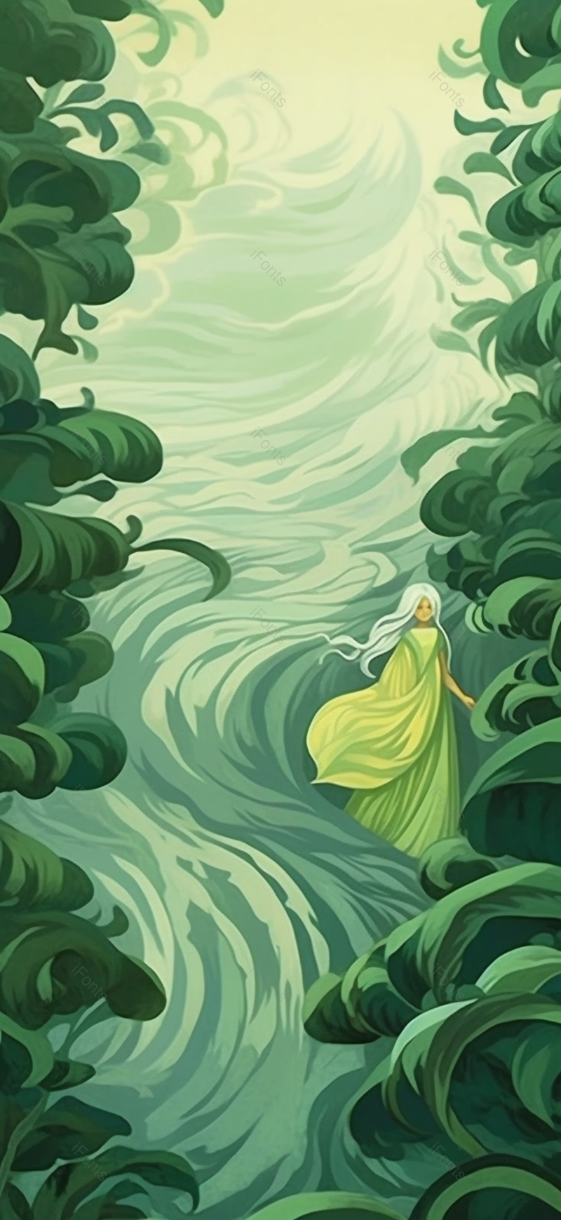 绿色中国风手绘水边意境画插画女生,插画/手绘图,插画/手绘图库,插画/手绘图下载,插画/手绘